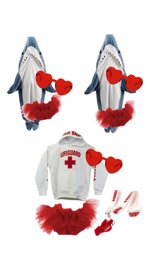 2 sharks, 1 life guard Shark Halloween Costume, Shark Halloween, Cute Group Halloween Costumes, Shark Costumes, Life Guard, Cute Shark, Trendy Outfits For Teens, Group Halloween Costumes, Sneakers Outfit