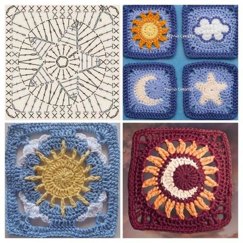 Impressive Crochet Projects, Flower Crochet Pattern Square, Moon Crochet Square Pattern, Star Square Crochet Pattern, Crochet Granys Square, Star And Moon Granny Squares, Sun Granny Square Pattern Free, Moon Crochet Square, Sun And Moon Crochet Blanket