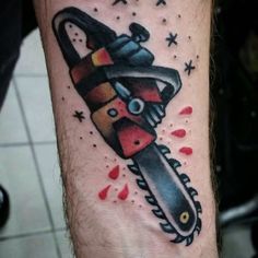 Chainsaw tattoo Tattoo Ideas Heart, Chainsaw Tattoo, Joel Tattoo, Flesh Tattoo, Firefighter Tattoo, Colorful Tattoos, Saved Tattoo, Traditional Tattoo Sleeve