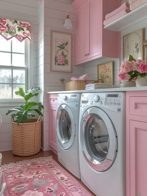 Kawaii House Interior, Pink House Aesthetic Interior, Pink Utility Room, Pastel House Interior, Pink Girly House, Pastel Laundry Room, Pink Home Aesthetic, Pink House Aesthetic, Cute Washing Machine