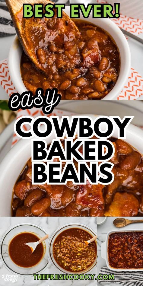 These Cowboy Baked Beans are a crowd-pleasing side dish that’s loaded with flavor! Starting with canned baked beans, they’re taken to the next level with a few simple ingredients and topped with crispy bacon. Perfect for BBQs, potlucks, or family dinners—easy, hearty, and delicious! Get the recipe from thefreshcooky.com Homemade Baked Beans With Bacon, Doctored Bush’s Baked Beans, Baked Bean Recipes Crockpot, Famous Dave’s Baked Beans, Baked Bbq Beans, Patio Beans Recipe, Jazzed Up Baked Beans, Western Baked Beans, Ultimate Baked Beans