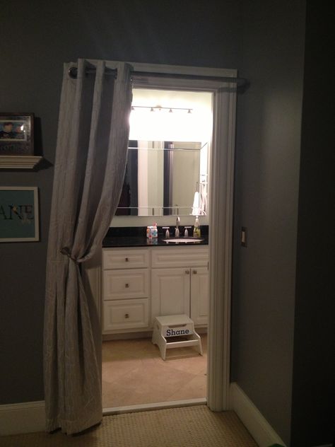 When you have a small bathroom that the door just gets in the way try a curtain that is lined with beautiful hardware!  This works great for a bathroom inside a bedroom! Door Curtain Ideas, Door Curtains Bedroom, Bathroom Door Ideas, Hanging Doors, Door Curtains Kitchen, Small Bathroom With Shower, Dream Master, Zen Room, Doorway Curtain