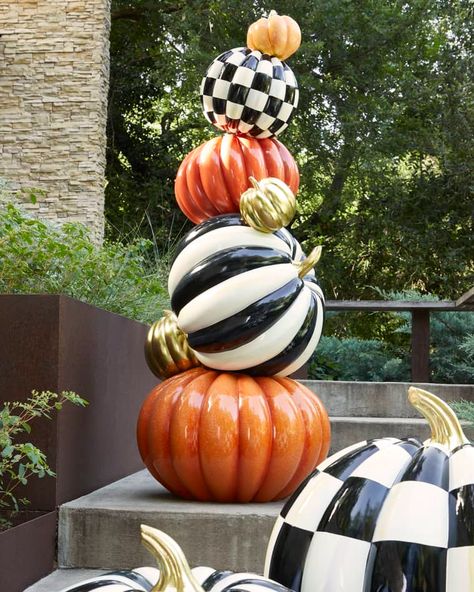 Mackenzie Childs Diy, Mackenzie Childs Inspired, Front Yard Decor, Mckenzie And Childs, Pumpkin Topiary, Stacked Pumpkins, Fall Halloween Decor, Mackenzie Childs, Halloween Deco