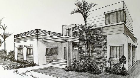 A 2 point perspective modern house drawing. I used a reference for this one. Houses In Perspective, House Perspective Drawing, Architecture House Drawing, House Design Drawing Sketch, House Sketch Architecture, Modern House Sketch, 2 Point Perspective House, Modern House Drawing, 2 Point Perspective Modern House