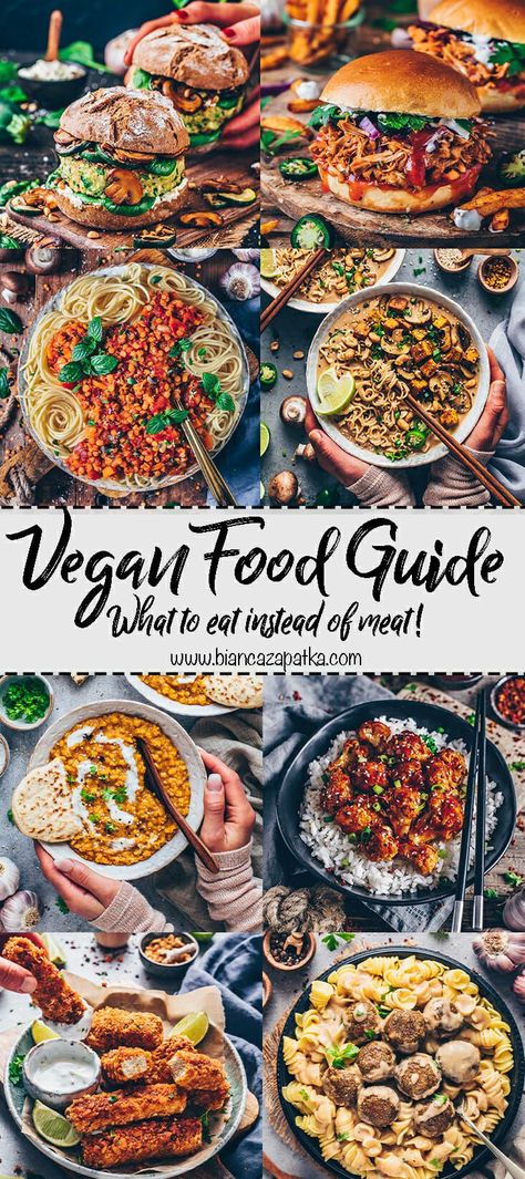 The best meat alternatives and vegan recipes which taste better than the real deal - This guide to vegan meats and meat substitutes may help you go vegan! Sweet Potato Chickpea Curry, Vegan Mushroom Pasta, Jackfruit Pulled Pork, Vegan Ravioli, Vegan Meatloaf, Coconut Bacon, Vegan Guide, Meat Alternatives, Vegan Mac And Cheese