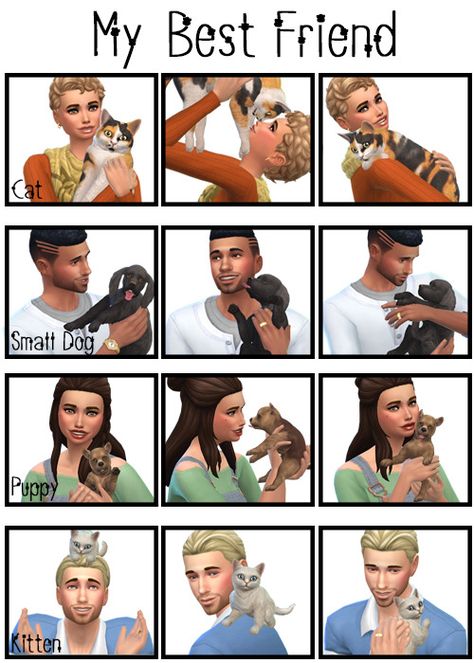 ♥ My Best Friend ♥• Total 12 poses for Cats, Small Dogs, Puppys and Kittens for the gallery • These poses work with either male or female sims and can be placed in any order • Please note that certain items of hair or clothing may effect the quality... Sims 4 Cc Cat Poses, Sims 4 Poses With Small Dog, Sims 4 Animal Poses, Gallery Poses, Sims4 Poses, Sims 4 Curly Hair, Sims 4 Couple Poses, Sims Pets, Sims Poses