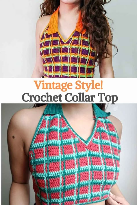 Crochet Shirt Plus Size, Vintage Crochet Top Pattern, 70s Crochet Top Pattern, Cotton Yarn Amigurumi, Crochet Halter Top Pattern Free Plus Size, Crochet Collar Top Patterns Free, Collared Crochet Top, Retro Crochet Top, Crochet Patterns Trendy