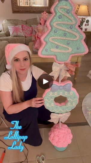 Candyland Christmas Topiary DIY with Dollar Tree and Walmart Items | Tutorial for this gorgeous Candyland Christmas topiary using giant lollipops from Walmart and Dollar Tree planters #candyland #candylandchristmas... | By The Lollipop Lady | Facebook Topiary Diy Christmas, Fake Gumdrops Diy, Diy Large Christmas Tree Ornaments, Diy Giant Candy Props Christmas, Diy Whimsical Christmas Decor, Candyland Theme Christmas Tree, Candyland Centerpieces Ideas, Christmas Topiary Diy, Diy Gumdrops