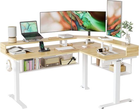 L Shaped Standing Desk, Oak Home Office, Desk With Shelves, Desk With Keyboard Tray, Under Desk Storage, Electric Standing Desk, Stand Up Desk, Standing Shelves, Desk Shelves