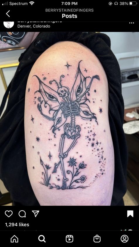 Fairy Skull Tattoo, Girly Gothic Tattoo, Spooky Fairy Tattoo, Skull Fairy Tattoo, Skeleton Fairy Tattoo, Fairy Core Tattoos, Gothic Fairy Tattoo, Fairy Skeleton, Personal Tattoos