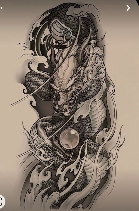 Japan Sleeve Tattoo Design, Japan Dragon Tattoo, Japanese Dragon Sleeve, Dragon Tattoo Japanese Style, Dragon Tattoo Japanese, Dragon Tattoo Outline, Dragon Koi Tattoo Design, Tato Irezumi, Tattoos Arm Mann