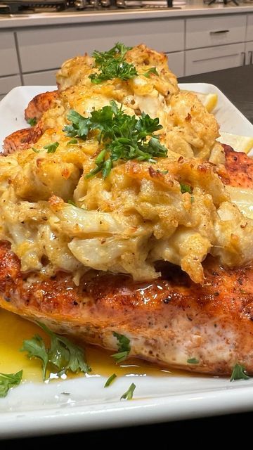 Crab Stuffed Red Snapper Recipes, Salmon Topped With Crab Meat, Crab Topped Salmon, Daven Gates Recipes, Salmon Topped With Crab Meat And Shrimp, Salmon And Crab Meat Recipe, Stuffed Salmon Recipes Baked, Salmon And Crab Recipes, Stuff Salmon With Crab Meat And Shrimp