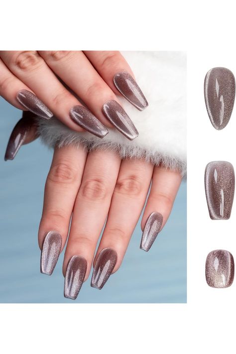 Sun&amp;Beam Nails Handmade Press-on Medium Long Almond Taupe Color Cat Eye Design Charming False Nail Tips 10 Pcs (#122 M) Nails Classic, Cat Eye Design, Long Almond, False Nail, Eye Design, Taupe Color, Medium Long, Nail Tips, Fashion Nails