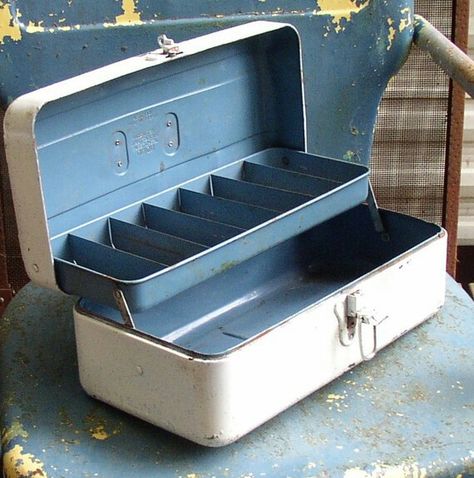 Vintage Metal Tackle Box Vintage Tackle Box Ideas, Fishing Tackle Box Ideas, Vintage Tackle Box Decor, Tackle Box Fishing, Vintage Tool Box, Suitcase Design, Metal Tool Box, Tool Holders, Company Swag