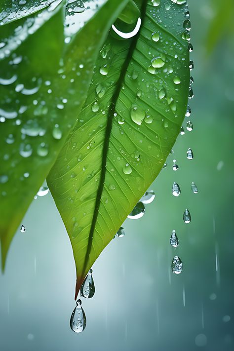 Leaves in the rain with raindrops of water or dew Water On Flowers Dew Drops, Rain Nature Photography, Dew Drops On Leaves, Dew On Leaves, Water Droplets On Leaves, Rain Drops Wallpapers, Rain Pictures Aesthetic, Rain Drops Aesthetic, Rain Drops Photography