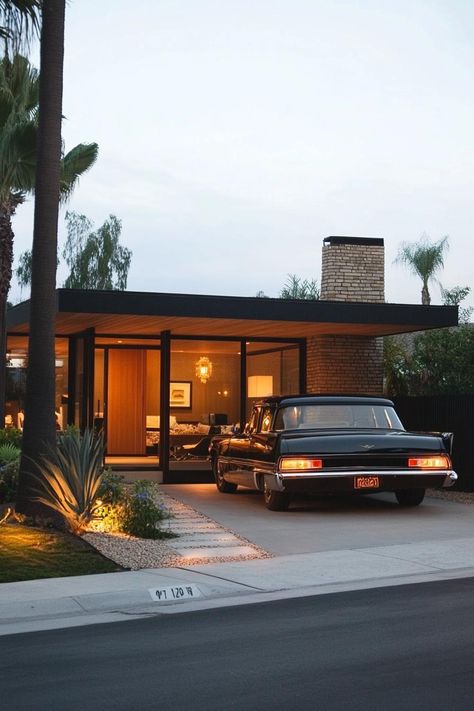 Mid century modern 1950s style house facade with carport. Check out all of these charming mid-century modern houses with a flair of the 1950s. These designs feature a lot of nostalgia and coziness. Mid Century Modern Facade Design, La Mid Century House, Post Modern Mid Century, Mid Century Modern Architecture Exterior, Modern Desert House Exterior, Mid Century Modern Facade, Mid Century Architecture Exterior, 70s Exterior House, Mid Century Modern Home Design