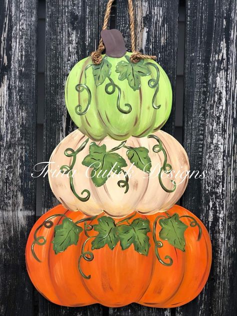 Halloween Wood Crafts, Pumpkin Topiary, Pumpkin Door Hanger, Pumpkin Door, Whimsical Halloween, Wooden Pumpkins, Stacked Pumpkins, Pumpkin Painting, Fall Halloween Crafts