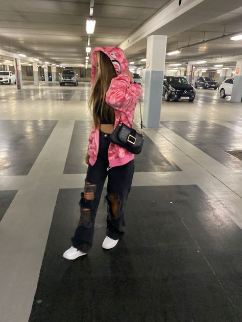 Outfits With Bape Hoodie, Bape Shark Pink, Pink Bape Outfit, Cute Bape Outfits, Pink Hoodie Outfit Black Woman, Baggy Black Ripped Jeans Outfit, Bape Hoodie Outfit Girl, Pink Bape Hoodie Outfit, Bape Outfits Baddie