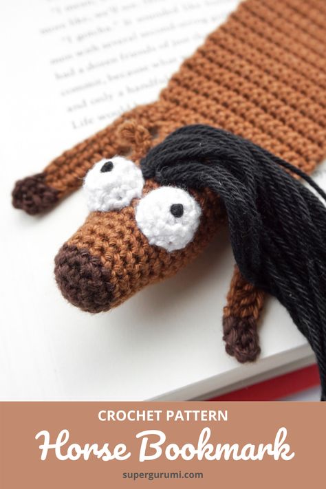 Horse Bookmark Crochet Pattern by Supergurumi. Never again you need to search for the right page in your favorite book. Get the pattern in the Shop. #amigurumi #crochet #crochetpattern #horse #bookmark Horse Bookmark, Bookmark Crochet Pattern, Amigurumi Horse, Homemade Bookmarks, Bookmark Crochet, Bookmark Pattern, Crochet Bookmark Pattern, Cute Bookmark, Crochet Bookmark