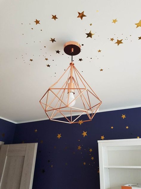 Star Wallpaper Home, Star Theme Bedroom, Astral Nursery, Star Themed Bedroom Aesthetic, Starry Bedroom Aesthetic, Blue Walls Nursery, Moon And Star Bedroom Ideas, Celestial Nursery Girl, Blue Wall Room Ideas Bedrooms