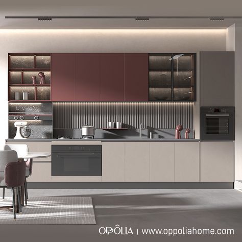 Introducing our stunning modern greige and red kitchen cabinets – a perfect blend of warmth and vibrancy! This two-tone design single-wall kitchen will make a statement in any home. The base and high cabinets feature a beautiful warm greige matt melamine finish, while the wall cabinets and open shelves boast a dark red UV lacquer finish, creating a striking contrast. #kitchen #twotonekitchen #moderndesign #modernkitchen #homekitchen #solution #inspiration Maroon Kitchen Cabinets, Dark Red Kitchen Cabinets, Dual Color Kitchen Cabinets, Dark Red Kitchen, 2 Tone Kitchen Cabinets, Contrast Kitchen, Greige Kitchen Cabinets, Single Wall Kitchen, Kitchen Cabinets Modern