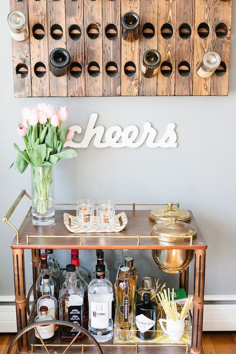 Photo by Erin McGinn Photography via Style Me Pretty Cart Bar, Make Your Own Wine, Gold Bar Cart, Bar Cart Styling, Trendy Bar, Cart Decor, Smitten Kitchen, Bar Cart Decor, Diy Wine Rack