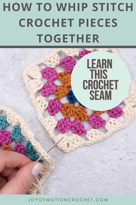 In this crochet tutorial you'll learn How to Whip Stitch crochet pieces together. You can use this crochet seam when you have two pieces with stitches along the edges or when you are going to seam along the edge of crocheted rows.  The whip stitch technique is one of the most common ways to seam crochet garments together, sides of pillows,  and is also a very good way to assemble granny squares into finished projects. Whip Stitch Crochet, Crochet Pieces Together, Granny Square Pattern Free, Crocheted Cow Pattern, Crochet Garments, Crochet Pieces, Mattress Stitch, Whip Stitch, Crochet Cow