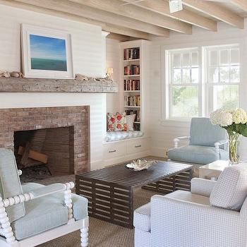 Fireplace with Brick Surround and Chunky Mantle, Cottage, Living Room, Dearborn Builders Farmhouse Fireplace Decor, Shiplap Fireplace, Fireplace Built Ins, House Of Turquoise, Farmhouse Fireplace, Rustic Fireplaces, Cottage Living Rooms, Corner Fireplace, Short Article