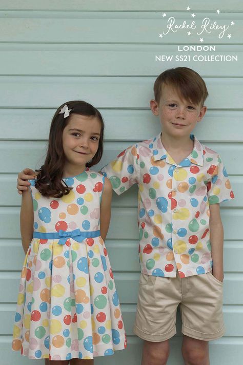 Fun, playful bubble print in popping bright colours. Perfect for matching outfits. Brother Sister Matching Outfits, Brother Sister Outfits, Bubble Print, Rachel Riley, Bright Colours, Brother Sister, Matching Outfits, Pleated Dress, Dress Shirt