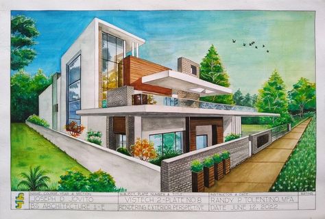 Exterior Perspective Architecture, House Design Drawing Sketch, Open House Design, Markers Drawing Architecture, Exterior Perspective, House Design Drawing, Interior Design Sketchbook, Architecture Design Process, Architecture Drawing Plan