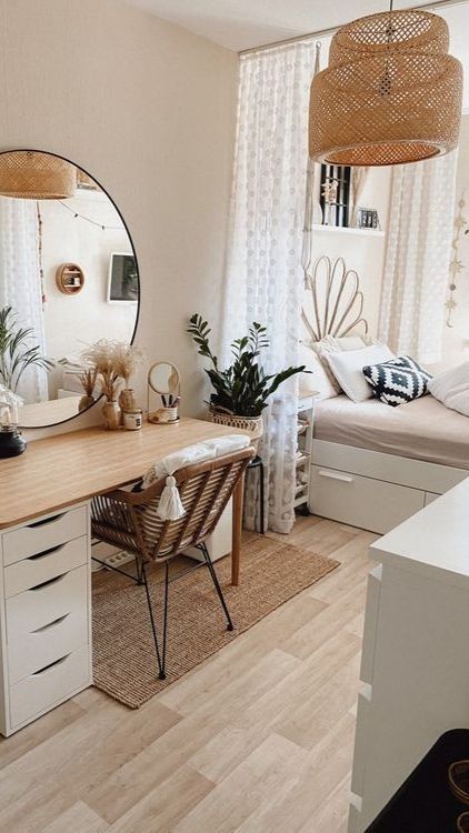 Bohemian Vanity Ideas, Boho Dressing Room Ideas, Bedroom Desk And Vanity, Room Decor Wood Bedroom, Vanity And Desk Combo Ideas Bedrooms, Boho Makeup Room, Vanity And Office Desk Combo, Vanity Desk Combo, Wood Vanity Bedroom