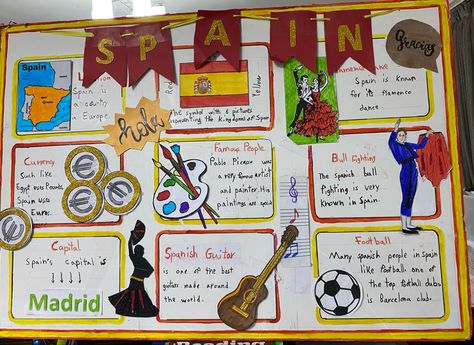 Spain Day At School, Culture Day Poster Ideas, Spain Bulletin Board Ideas, Mexico Board Project, Poster Board Ideas School Project Country, Spain Project Ideas, Spain School Project, Spanish Project Ideas, Spain Poster Board Project