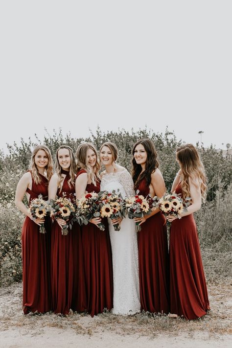 Maroon Bridesmaid, Yellow Wedding Colors, Unique Wedding Colors, Maroon Bridesmaid Dresses, Fall Wedding Color Palette, Sunflower Themed Wedding, Wedding Color Combos, Maroon Wedding, Wedding Palette