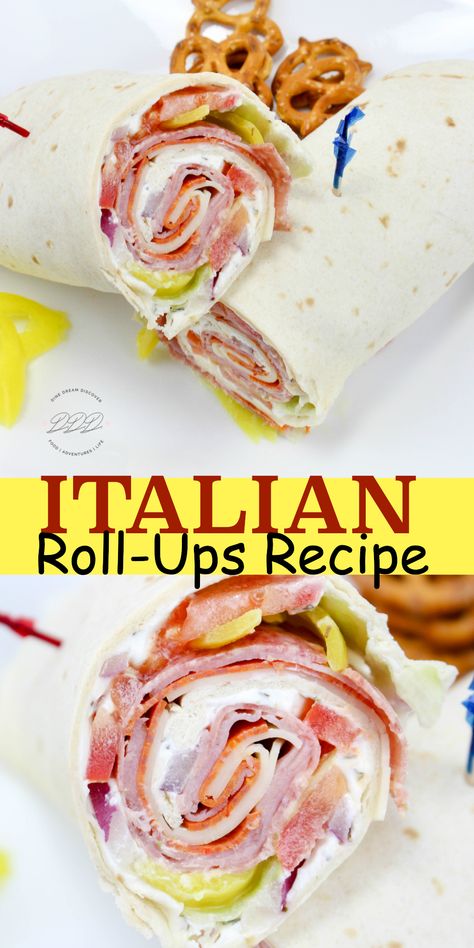 These Italian roll-ups aka tortilla roll-ups, ham pinwheels, or appetizer roll-ups, they are so easy to make and make a great lunch or appetizer. Use your favorite ham, salami, turkey, pepperoni and cheeses to make these your own. #DineDreamDiscover #JustPlumCrazy #FullTimeRV #Recipe #Dessert #RecipeOfTheDay Ham Pinwheels, Italian Rolls, Tortilla Rolls, Cream Cheese Rolls, Roll Ups Recipes, Turkey Pepperoni, Italian Meats, Chapati, Roll Ups