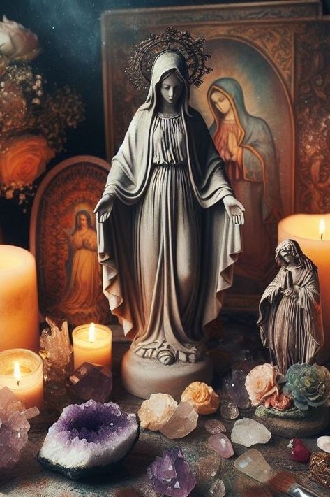 Catholic Witch, Virgin Mary Altar, Christian Magic, Rose Altar, Altar Aesthetic, Witchy Altar, Mexican Folklore, Personal Altar, Healing Center