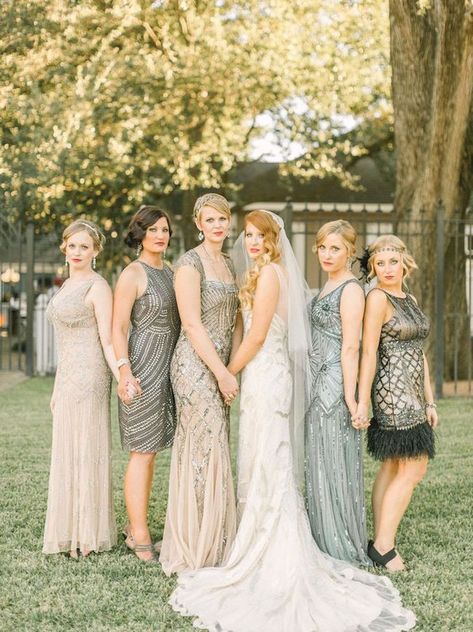 1920s Bridesmaid Dresses | SouthBound Bride 1920s Bridesmaid Dresses, Speakeasy Theme, Art Deco Bridesmaids, Gatsby Wedding Dress, Roaring 20s Wedding, 20s Wedding, Gatsby Wedding Theme, Neutral Bridesmaid Dresses, Great Gatsby Wedding