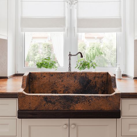 Magnus Home Products - 33" Gapencard Hammered Copper Single-Bowl Farmhouse Sink Copper Sink With Butcher Block Counter, Cooper Farmhouse Sink, Cooper Sink Kitchen, Copper Countertops Kitchen, Hammered Copper Sink Kitchen, Copper Sink Kitchen, Yurt Ideas, Moody Cottage, Copper Farm Sink