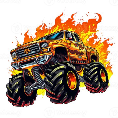 Hot Wheels Clipart, Hot Wheels Monster Truck Party, Ryan Lin, Hotwheels Monster Truck, Truck Tattoo, Truck Theme Birthday, Fire Effect, Monster Truck Cake, Monster Car