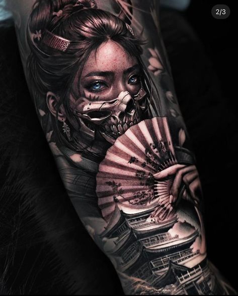 Japanese Tattoo Art Realism, Japanese Tattoo Realism, Geisha Arm Tattoo, Geisha Hannya Tattoo, Tattoo Realis, Oni Samurai Tattoo, Samurai Art Tattoo, Black Japanese Tattoo, Japanese Realism Tattoo