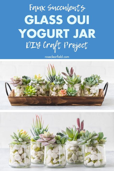 An easy DIY tutorial for faux succulents using upcycled glass Oui yogurt jars! A simple home decor craft project for any budget. The perfect gift idea. #DIY #upcycled #homedecor #fauxsucculents Recycling Jars Ideas, Small Plastic Jar Crafts, Oui Jar Terrarium, House Shelves Decor, Upcycle Yogurt Jars, Cute Jar Decorating Ideas, Upcycled Oui Yogurt Jars, Uses For Oui Jars, Oui Yogurt Jar Crafts