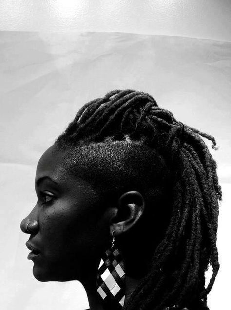 . Locs Side Profile, Shaved Side With Locs Black Women, Locs With One Side Shaved, Black And White Dreads, Hair Afro, Military Loc Styles, Dreads Girl, Shaved Sides, Natural Styles