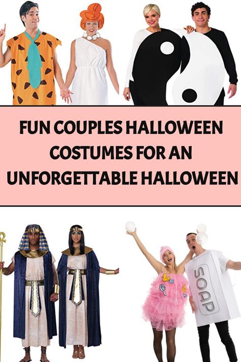 Fun couples Halloween costumes, including prehistoric, yin and yang, Egyptian, and soap and loofah themes. Cute Couples Halloween, Wilma Flintstone Costume, Couple Costume Ideas, Flapper Halloween, Outdoor Halloween Parties, Disco Look, Perfect Halloween Costume, Couples Halloween Costumes, Cosplay Couple