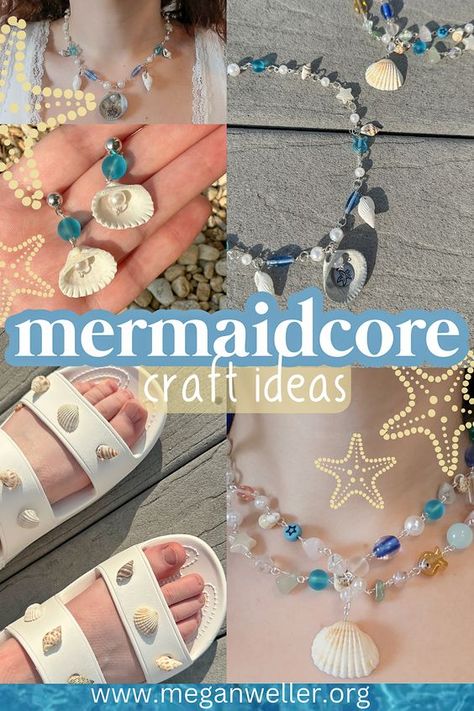 I've been seeing the mermaidcore aesthetic all over TikTok lately, and I absolutely love it. So this summer I decided to make some mermaid inspired jewelry with REAL seashells! A few of them were from my last trip to the beach, and I picked up some extra seashell beads too. I ended up making some DIY jibbitz charms for my Crocs, some Depop inspired chokers, a rosary style necklace, and a few pairs of earrings. You can drill holes in your shells if you want, but you don't need to. Mermaid Necklace Diy, Mermaid Jewelry Diy, Summer Jewelry Diy, Croc Jibbitz, Homemade Paint, Rosary Style Necklace, Shells Diy, Homemade Art, Mermaid Diy