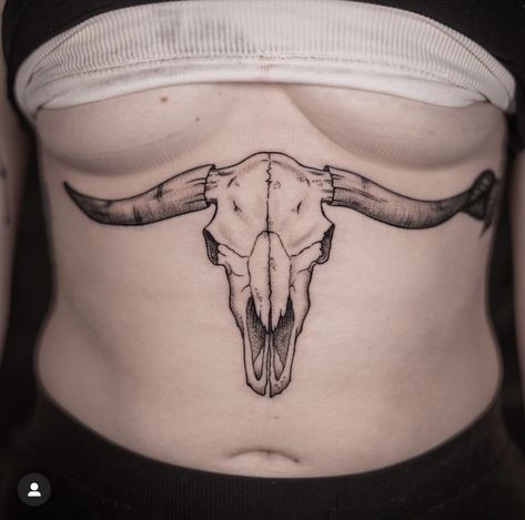 Longhorn Chest Tattoo, Longhorn Sternum Tattoo, Skull Sternum Tattoo, Bull Tattoos, Underboob Tattoo, Longhorn Skull, Tramp Stamp, Stomach Tattoos, Sternum Tattoo