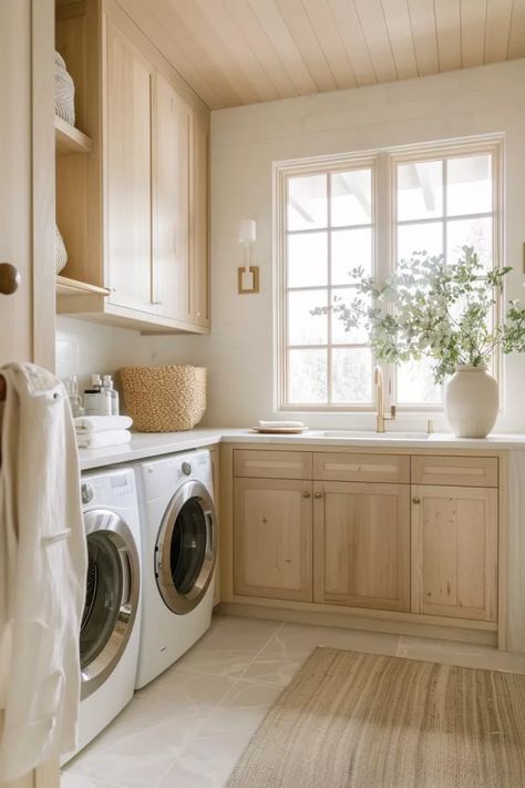 Build In Laundry Room, Light Wood Laundry Room, Mud Room Remodel Ideas, Laundry Room Farmhouse Ideas, Magnolia Laundry Room, Laundry Room With Bathroom Ideas, Interior Design Laundry Room, Laundry Room Modern Farmhouse, Nancy Meyers Laundry Room