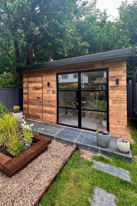 A garden office provides a quiet, dedicated area with serene garden views, allowing you to work more efficiently away from household distractions. Plus, they're quick to build—usually within just 20 days for simpler designs. Click to see more of this stunning home office.  #intothegardenroom #homeoffices #gardenoffices #gardenrooms⁠ Home Office In Garden, Garden Office And Shed, Garden Office Ideas On A Budget, Garden Room With Storage, Outdoor Shed Office, Small Garden Office Ideas, Garden Cabin Interior, Outdoor Office Space, Garden Office Ideas