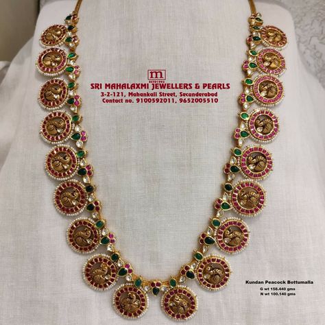 Botu Mala Gold Necklace, Light Weight Bottu Mala Designs, Bottu Haram Designs, Kempula Haram Designs, Kundan Bottu Mala, Bottu Mala Jewellery Designs, Bottumala Designs, Nakshi Haram Designs, Bottu Mala Designs