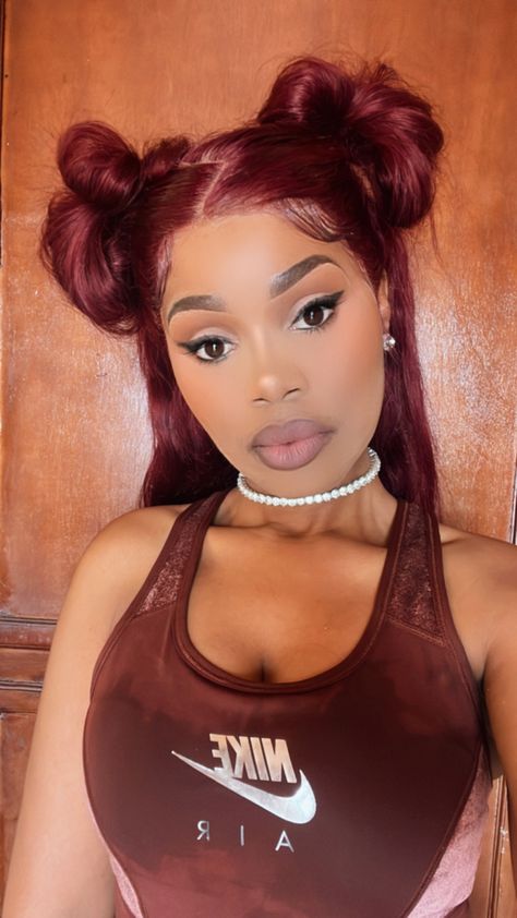 Messy bun pigtail frontal hairstyle  on burgundy frontal wig 2 Pig Tails Half Up Half Down, Pig Tail Hairstyles Women, Burgundy Frontal Wig, Messy Pigtails, Pigtails Hairstyles, Pigtail Buns, Two Buns Hairstyle, Soft Era, Weave Braids