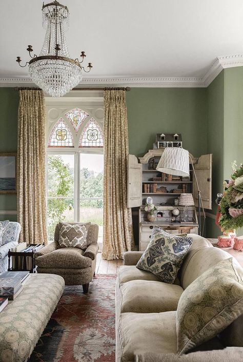 Farrow & Ball’s ‘Breakfast Room Green’ paint is similar to the original colour of the 1820s drawing room. Fabrics from Raoul Textiles complement an 18th-century Gustavian chandelier and bureau from Georgia Lacey Antiques. The Victorian stained glass was found languishing in an old stables attic. Breakfast Room Green, Vibrant Living Room, Green Ideas, Room Green, Farrow And Ball Paint, Oak Panels, Farrow And Ball, Best Paint Colors, Grand Homes