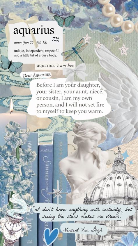 Aquarius ♒️ #aquarius #zodiac #astrology #blue #soft #angel #water #rome #butterfly #bow #dragonfly #statue #woman #foerce #quotesquite #pearls #wings #books #vintage #flowers Aquarius + Core + Aesthetic, Manifest Lockscreen, Aquarius Aesthetic Wallpaper, Aquarius Collage, Aquarius Core Aesthetic, Aquarius Theme, February Magick, Aquarius Core, Aquarius Szn